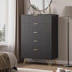 5 Drawers Dresser for Bedroom, 47" Tall Modern Chest of Drawers with Gold Handle, Fluted Wood Dresser for Bedroom, Living Room, Hallway, Entryway, Black