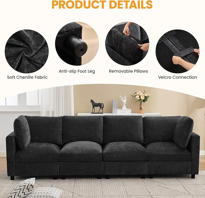 Modular Sectional Cloud Sofa Bed, 6-Seater Convertible Sofa Couch with Ottoman, Modern Deep Seat Sleeper Sofa for Living Room, Chenille Dark Grey