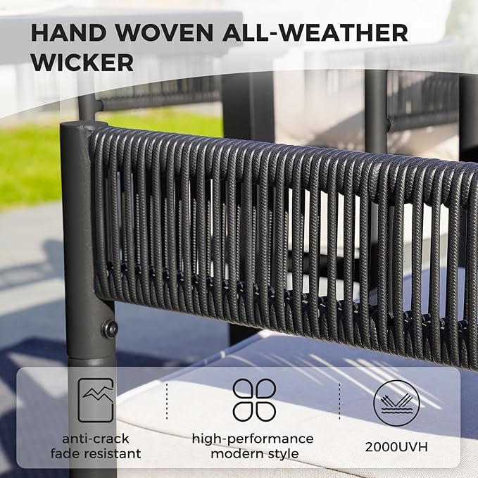 Grand patio Outdoor Dining Set for 6, 7 PCS Patio Table and Chairs Set, Metal Woven Wicker Fixed Patio Chairs with Thickened Cushions & 1 Rectangular Woodgrain Dining Table with Umbrella Hole (Black)