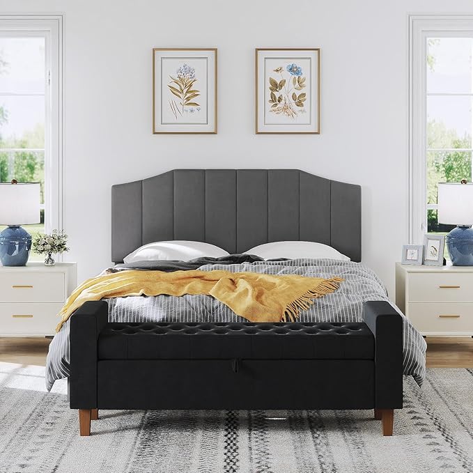 Velvet Queen Size Headboard, Upholstered Headboard Queen/Full Size Wall Mount and Bed Frame Mount, Featuring High-Density Sponge Padding Luxury Texture Easy Assembly Comfort Style-Dark Gray