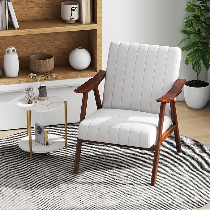 Giantex Mid-Century Modern Accent Chair, Upholstered Comfy Living Room Chair with Arms, Anti-Slip Felt Pads, Wooden Frame Soft Padded Armchair for Living Room Bedroom Office Study, Beige