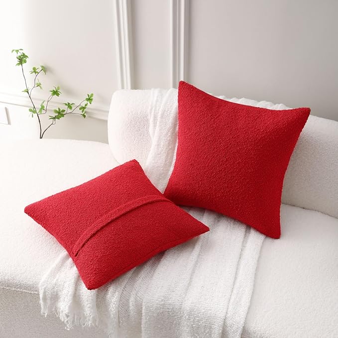 FUTEI Christmas Pack of 2 Red Decorative Throw Pillow Covers 18x18 Inch Soft Cozy Solid Boucle Textured Cushion Case,Modern Home Decor for Couch Bed Living Room