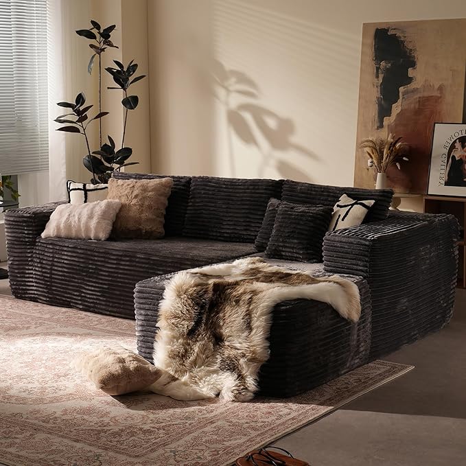 106" Cloud Sectional Couch with Chaise Lounge,L Shaped Modular Modern Sofa,Comfy Corduroy Fluffy Sofa with Deep Seat,No Assembly Required Couch for Living Room(Right,Plush Corduroy,Gray)