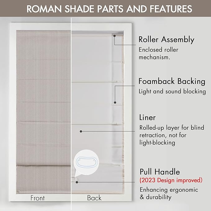 Madison Park Galen Cordless Roman Shade, 33"W x 64"H, Sheen Taupe – Room Darkening, Thermal Insulated, Energy Efficient Window Blind with Subtle Sheen Basketweave Fabric for Privacy