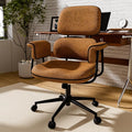 Fabric Office Chair with Granular Linen, Mid Back Vintage Desk Chair with Wheels and Wide Arms, Mid Century Modern Home Office Desk Chairs with Molded Cotton Seat Cushion, Adjustable Height, Brown