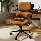 Fabric Office Chair with Granular Linen, Mid Back Vintage Desk Chair with Wheels and Wide Arms, Mid Century Modern Home Office Desk Chairs with Molded Cotton Seat Cushion, Adjustable Height, Brown