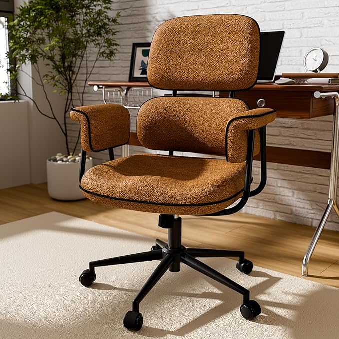Fabric Office Chair with Granular Linen, Mid Back Vintage Desk Chair with Wheels and Wide Arms, Mid Century Modern Home Office Desk Chairs with Molded Cotton Seat Cushion, Adjustable Height, Brown