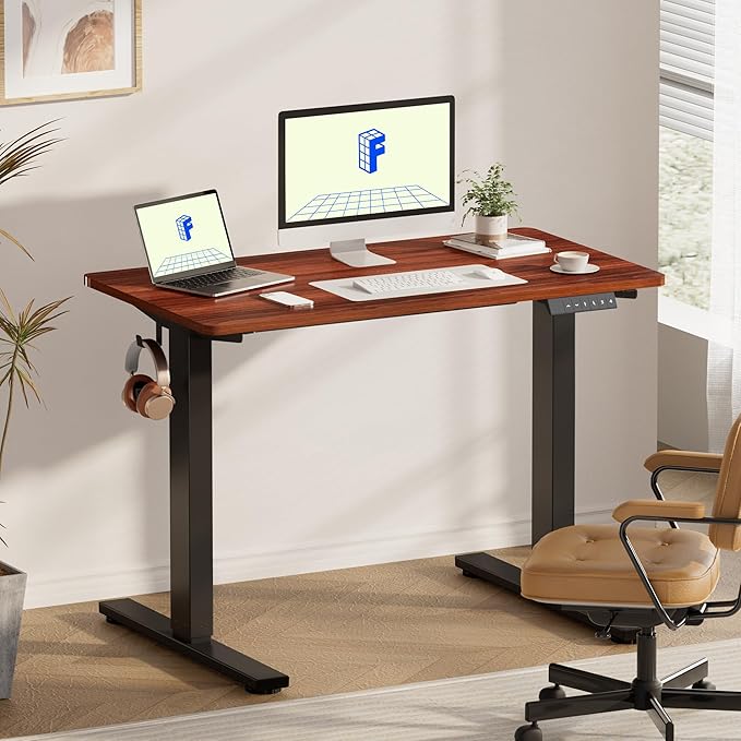 FLEXISPOT EN1 Whole-Piece Standing Desk, 48 x 24 Inches ElectricHeight Adjustable Desk for Home Office (Black Frame + Mahogany Top, 2 Packages)