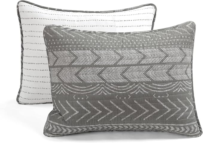 Lush Decor Hygge Geo Pattern Striped 3 Piece Quilt Bedding Set, King, Charcoal