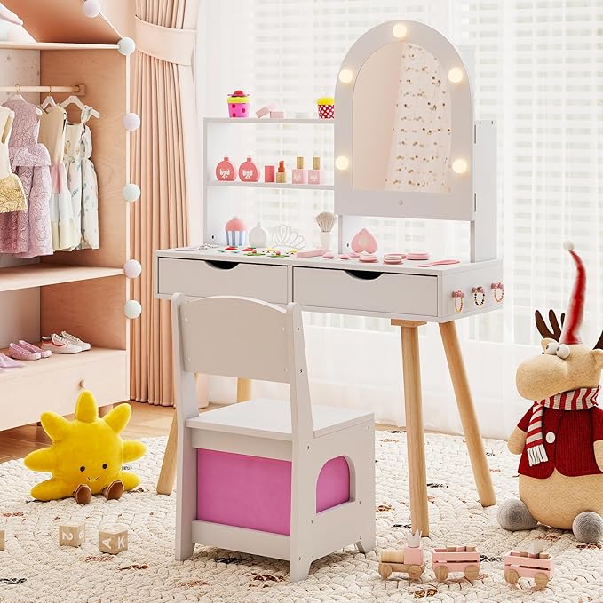 Costzon Kids Vanity with Lights, Girls Vanity Set with Mirror Cabinet, Storage Drawers, Hooks & Shelves, Toddler Makeup Vanity Desk Dressing Table, Wooden Kids Vanity Table and Chair Set (White)