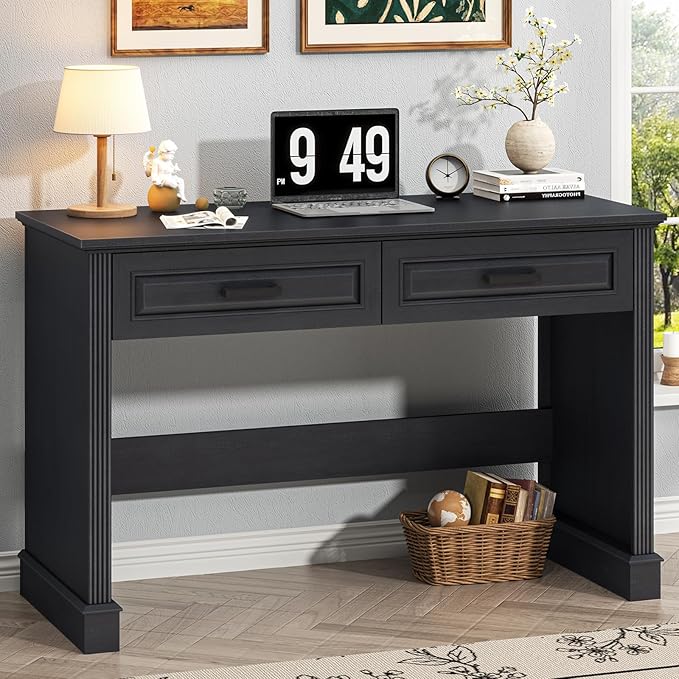 Farmhouse Executive Desk, 48 Inch Computer Desk with 2 Drawers, Simple Home Office Writing Desk Workstation for Bedroom Study Small Spaces, Black