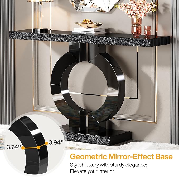 Tribesigns Modern Mirrored Console Table, Glass Sofa Table with Mirror Finish, 43-Inch Entryway Table with O-Shaped Base, Rectangular Accent Foyer Table for Living Room Hallway Entrance (Black)