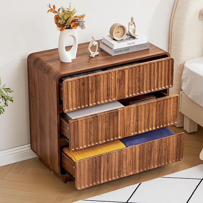 Fluted 3 Drawer Dressers for Bedroom, 31.5" Wide Large Mid Century Modern Nightstand 2 Sets W/3 Storage Drawers , Wood Dresser & Chest of Drawers with Curved Profile for Living Room (Walnut)