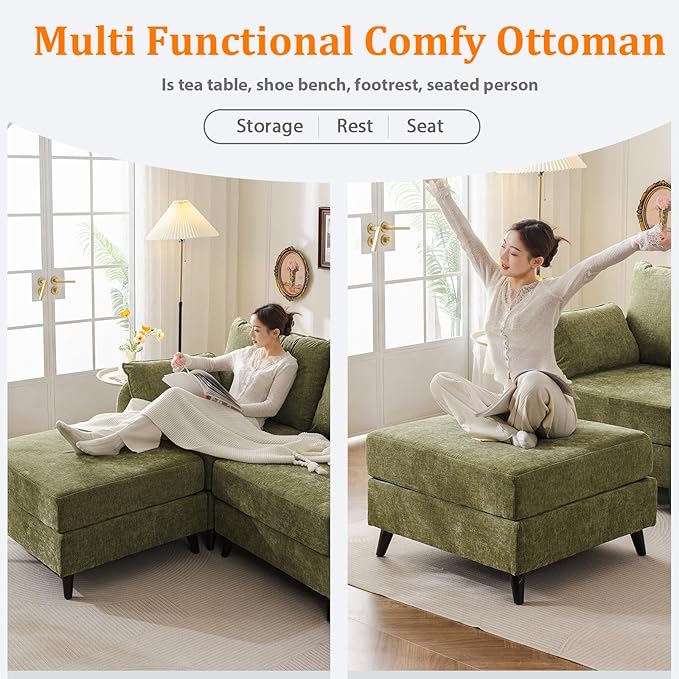 104'' Modular Sectional Sofa with All Seats Storage, Oversized L Shaped Couch for Living Room,3-Seater Comfy Cloud Couches with Movable Ottoman,Big Sectional for Bedroom,Velet,Green