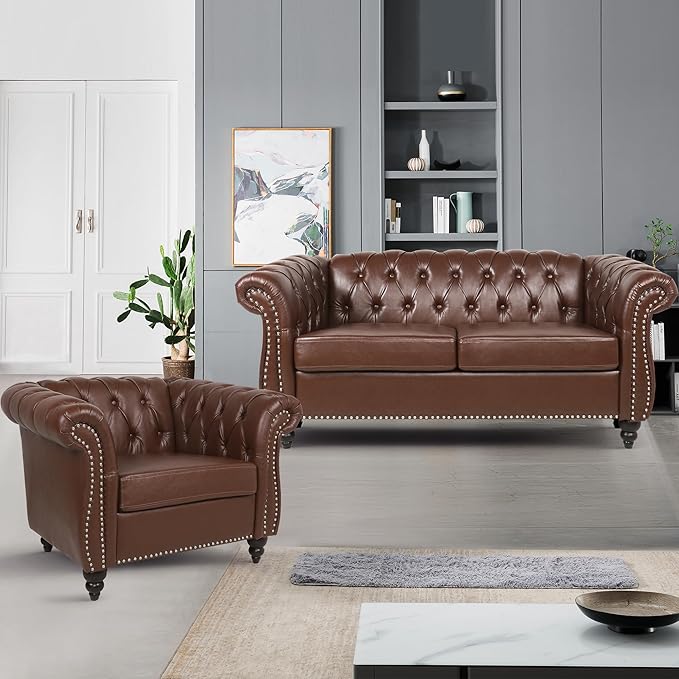 2 Piece Living Room Furniture Set, Faux Leather Loveseat and Chair Set, Mid Century Modern Upholstered Sofa Couch with Cushions, Vintage Comfy Tufted Chesterfield Couches for Bedroom, Office (Brown)