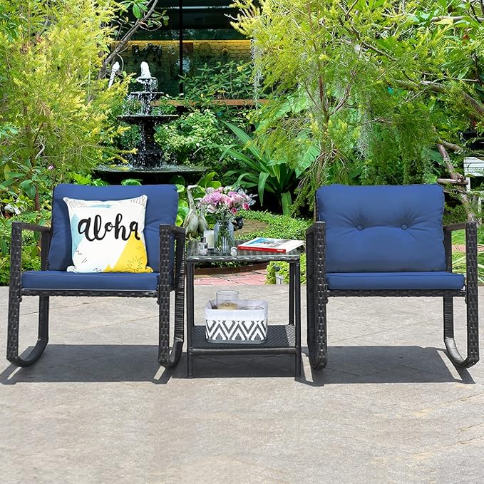 COSTWAY 3 Pieces Patio Rattan Rocking Chair Set, Outdoor Conversation Furniture Sets with Coffee Table, Storage Shelf and Cushions, Modern Bistro Set for Porch, Backyard, Garden, Navy