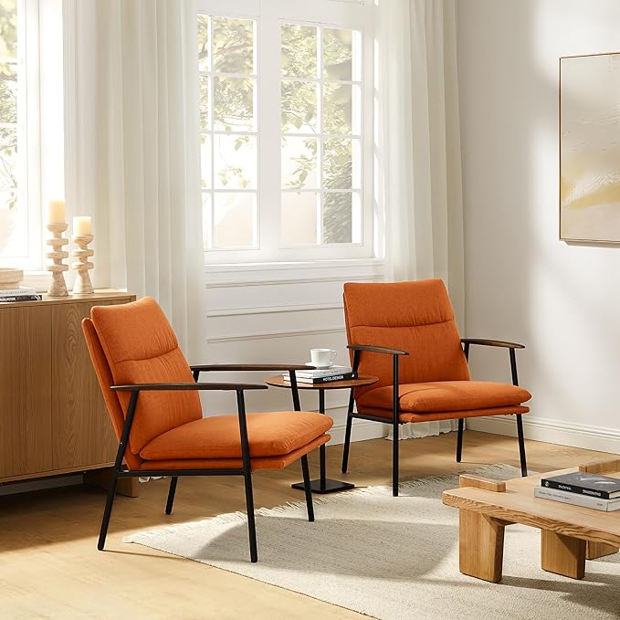 Art Leon Accent Chairs Set of 2-Mid Century Modern Accent Chairs Fabric Reading Bedroom Chair Armchair Wooden Arms Metal Frame Living Room Chair for Bedroom, Caramel