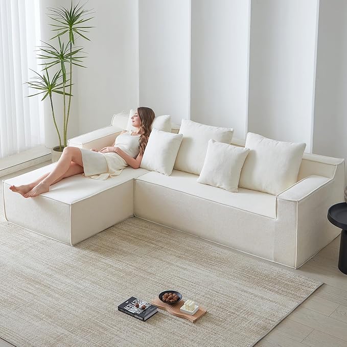 101" L-Shaped Couch for Living Room,Modular Sectional Cloud Couch,Boneless Sofa in A Box,Upholstered Couches for Bedroom,White Sofa with Oversized Chaise