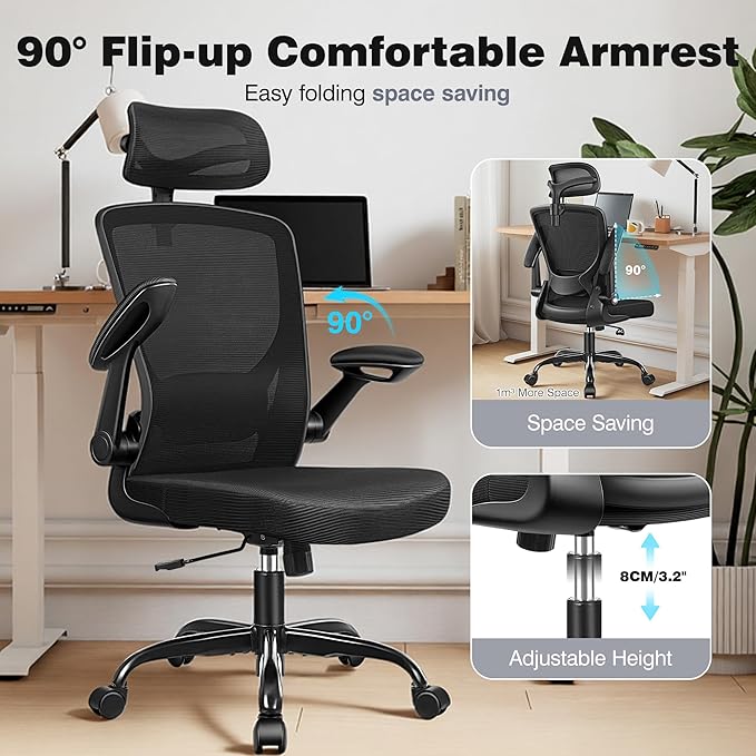 Ergonomic Office Chair, High Back Mesh Desk Chair with Lumbar Support, Flip-up Armrests, Adjustable Headrest, Computer Gaming Chairs for Long Hours, Black