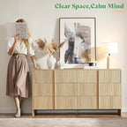 AMERLIFE 63" Fluted 6 Drawer Dresser, Long Modern Chest of Storage Drawers with Pine Handles, Rounded Corners & Anti-Tip Design, Wood Closet Organizer for Bedroom, Living Room, Nursery, Natural Oak