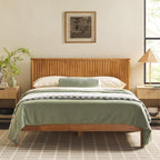 Walker Edison Queen Modern Reeded Headboard Solid Wood Bed, Queen Size, Blonde