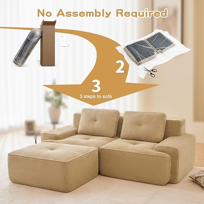 80.3” Camel Boneless Couches for Living Room, Modular Sectional Sofa with L-Shape Chaise, 2 Seater Comfy Upholstered Loveseat Deep Seat Corduroy Fabric Cloud Couch No Assembly, Anti-Slip Design