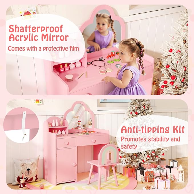 HONEY JOY Kids Vanity, Cloud Shape Wooden Girls Vanity Set with Mirror and Stool, Drawers, Storage Cabinet, Toddler Makeup Desk Dressing Table, Pretend Play Kids Vanity Table and Chair Set (Pink)