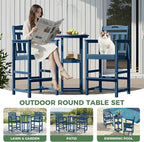 HDPE Outdoor Patio Bar Set with Bar Height Table and 2 Adirondack Chairs, All-Weather High Top Outside Round Pub Furniture for Bistro, Garden, Backyard, Deck | 3-Pieces, Navy Blue