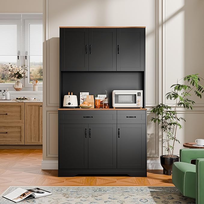 Cozy Castle 71" Tall Kitchen Hutch Cabinet with Drawers and Power Outlet, Farmhouse Pantry Storage Cabinet, Large Wood Coffee Bar Microwave Stand Cupboard for Dining Room Living Room, Black
