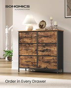 SONGMICS Dresser for Bedroom, Chest of Drawers, TV Stand, Steel, MDF, 6 Non-Woven Fabric Drawers, Storage Organizer Unit, Closet, Entryway, Rustic Brown and Ink Black ULGS123B02S