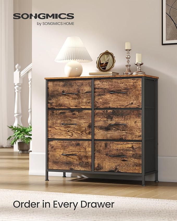 SONGMICS Dresser for Bedroom, Chest of Drawers, TV Stand, Steel, MDF, 6 Non-Woven Fabric Drawers, Storage Organizer Unit, Closet, Entryway, Rustic Brown and Ink Black ULGS123B02S
