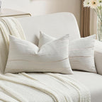 FUTEI Cream Chenille Decorative Throw Pillow Covers 12x20 Inch Set of 2,Soft Embossed Striped Textured Lumbar Pillow Cases,Modern Home Decor for Couch Bed Living Room