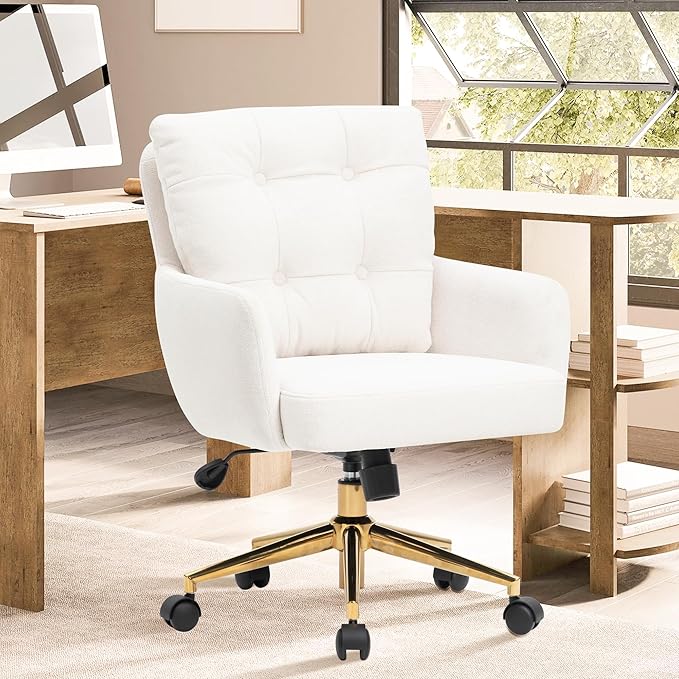 Plush Fabric Office Chair Vanity Chair Comfy Home Office Desk Chairs with Lumbar Support, Modern Plush Fabric Desk Gold Legs Swivel Task for Home Office Bedroom Study White Upgraded Version