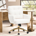Velvet Office Chair, Comfy Home Office Desk Chairs with Lumbar Support, Modern Velvet Desk Chair Gold Legs Small Swivel Task Chair for Home Office, Bedroom, Study (Beige, L)