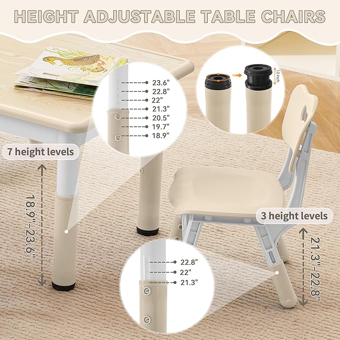 Kids Study Table and Chairs Set, Height Adjustable Toddler Table and Chair Set for Kids Ages 3-8, 31.5" L x 23.6" W Graffiti Desktop Plastic Children Art Table with 4 Seats, Burlywood