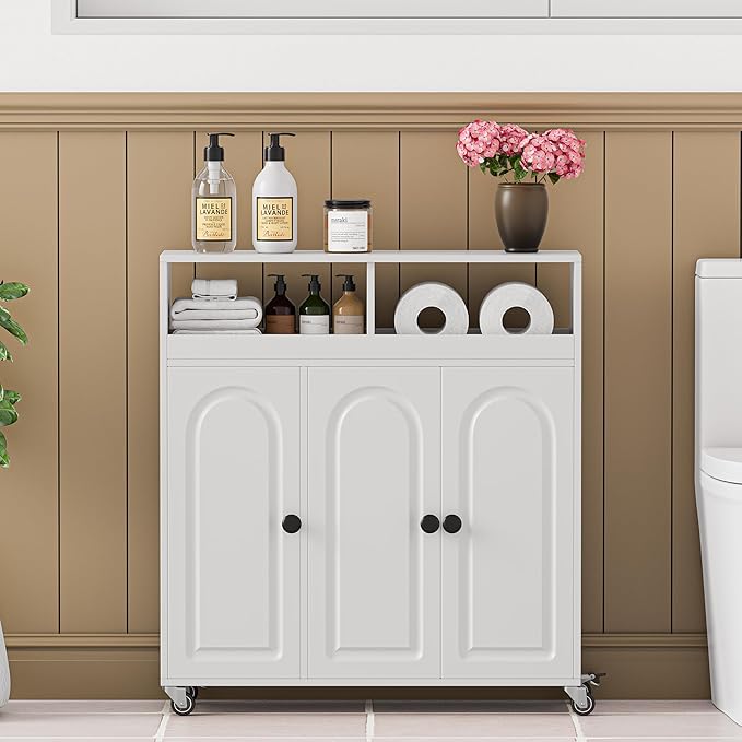Bathroom Storage Cart with Doors，3-Door Cabinet & Divided Open Shelf，Rolling Organizer Cart for Bathroom, Toilet，White (2)