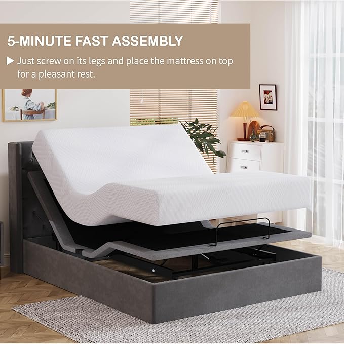 Queen Adjustable Bed Base Frame with Wireless Remote + 12 Inch Queen Green Tea Gel Memory Foam Mattress Bed in a Box, Head and Foot Incline, Zero Gravity, Fiberglass Free, 80" × 60"