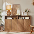 LEYAOYAO Fluted Buffet Cabinet with Storage, 55" Wide Wood Sideboard Credenza with 4 Doors & Open Storage Shelf, Modern Kitchen Console Accent Cabinets, Coffee Bar Table for Dining Room, Tea Brown