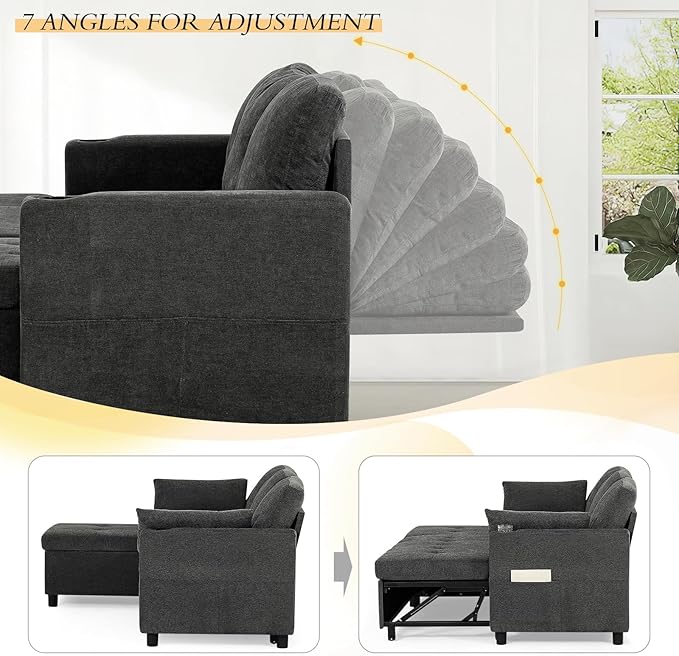 84" Fabric Pull Out Sofa Bed w/Adjustable Backrest, L-Shape Modern Sleeper Sofa w/Reversible Chaise, Upholstered Sectional Couch w/USB Port and Side Pockets for Living Room, House, Grey