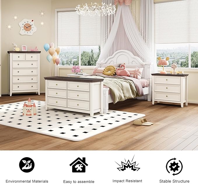 BLANKSPACE 6 Drawer Dresser, Modern Dresser for Bedroom, Wood Drawer Organizer with Metal Knobs, Large Capacity Cabinet for Bedroom, Antique White