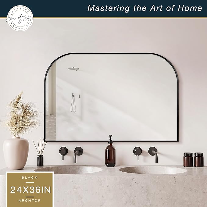 MCS Master & Co. Modern Metal Large Wall Mirror, Minimalist Home Decor Mantle Arch Mirror for Living Room, Bedroom, or Bathroom, 24 by 36 Inch, Black