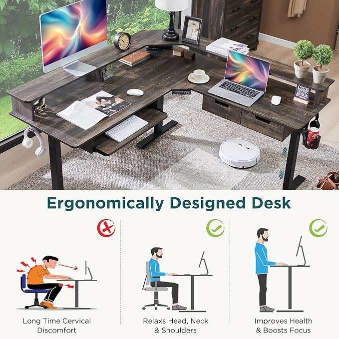 RedLemon 60 Inches L Shaped Electric Standing Desk,Height Adjustable Corner Gaming Desk with Drawers, Keyboard Tray, Power Outlets & LED Lights, Computer Desk with Monitor Shelf, Dark Rustic Oak