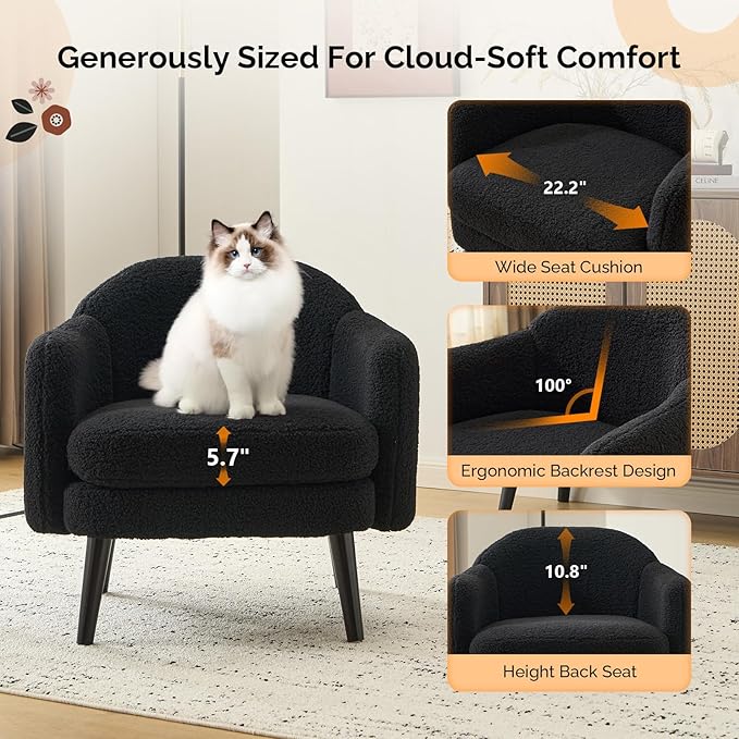 VINGLI 30.3" Wide Modern Barrel Accent Armchairs Set of 2 with Track Armrest, Solid Wooden Legs, Comfy Upholstered Club Chairs, Single Home Sofa for Living Room, Bedroom, Reading,Teddy Fleece Black