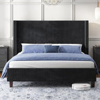 HOWE King Size Upholstered Bed Frame, Wingback Platform Bed with 50.8" Headboard, Corduroy/Solid Wood Leg/No Box Spring Needed/Noise Free/Black