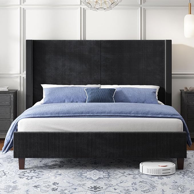 HOWE King Size Upholstered Bed Frame, Wingback Platform Bed with 50.8" Headboard, Corduroy/Solid Wood Leg/No Box Spring Needed/Noise Free/Black