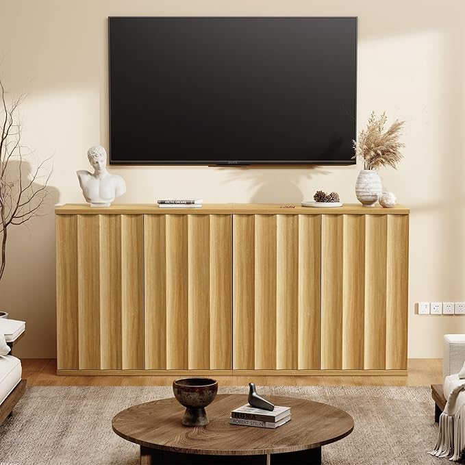 Fluted Sideboard Cabinet with Storage, 31.5" Coffee Bar Cabinet, Modern Kitchen Buffet Cabinets with Doors, Entryway Cabinets for Living Room, Kitchen, Coffee Bar, Natural