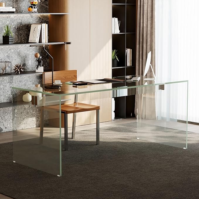 53.14" Modern Tempered Glass Executive Desk with Drawer, Black Wood Finish and Tempered Glass Legs – Minimalist Stylish Workstation Table for Home Office (Transparent Glass Desk)