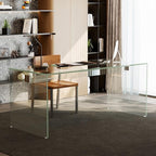53.14" Modern Tempered Glass Executive Desk with Drawer, Black Wood Finish and Tempered Glass Legs – Minimalist Stylish Workstation Table for Home Office (Transparent Glass Desk)