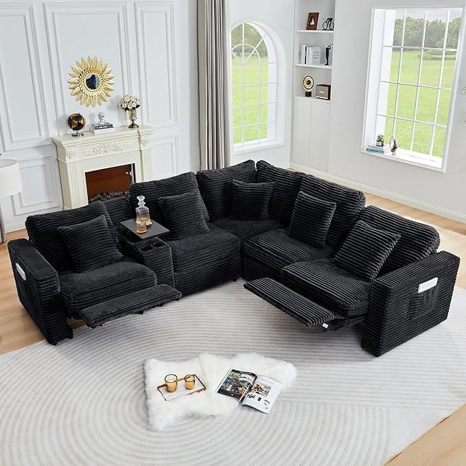 ORRD Power Reclining Sectional Sofa, Electric 3 Seat Recliner with 1 Electric Footrest and Adjustable Headrest, Modern Plush Corduroy Fluffy Reclining Sectional with Deep Seat for Living Room-Black