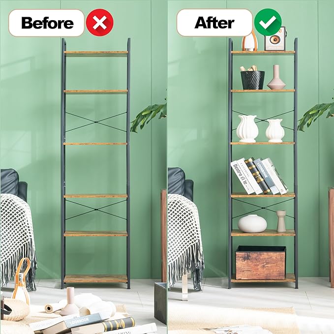 HCHQHS Narrow Bookshelf, Adjustable 6-Tier Industrial Bookcase, Rustic Open Book Shelf, Freestanding Tall Bookshelves with Metal Frame